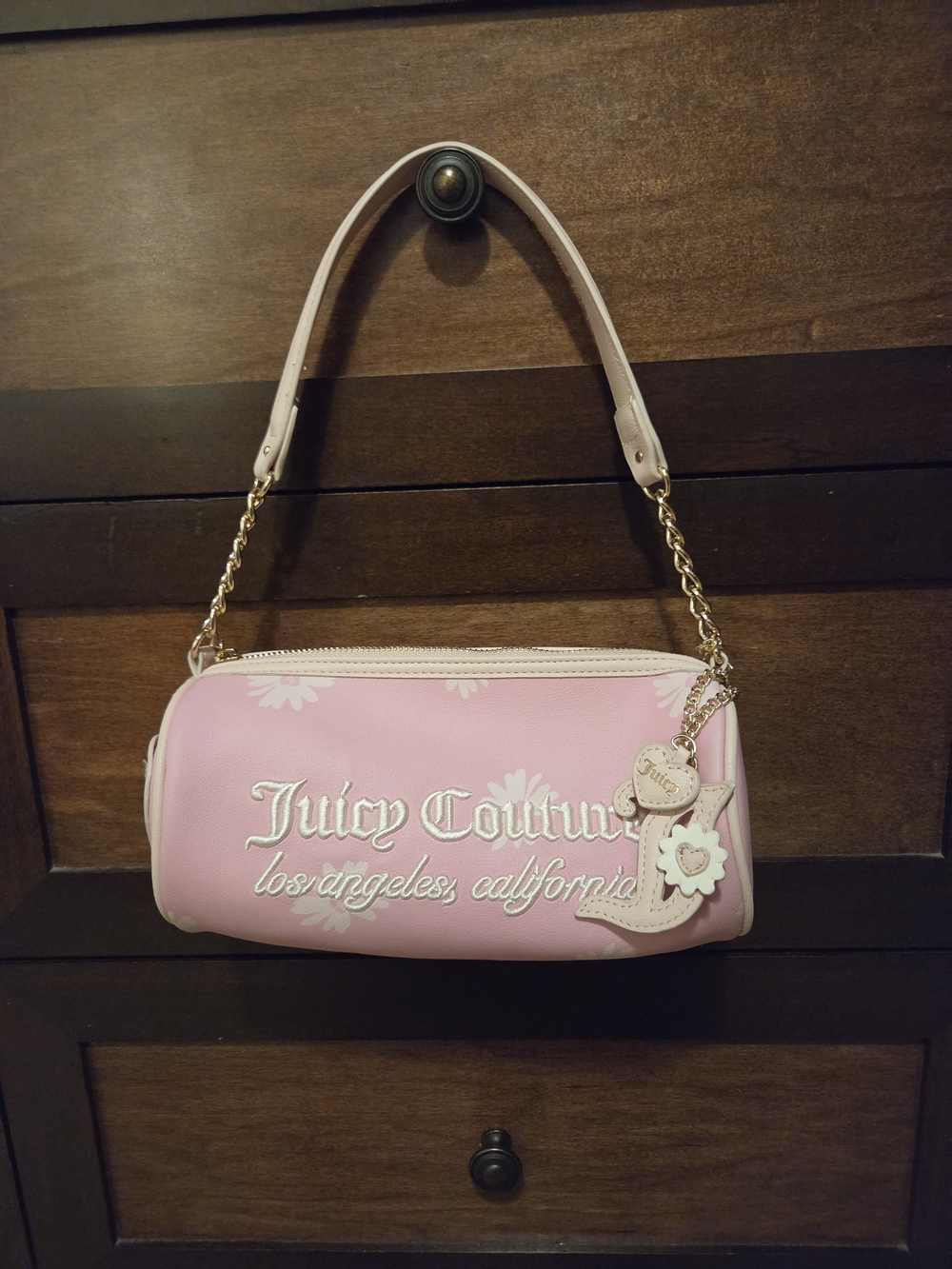 Juicy Couture Pink Barrel Crossbody with Gold Chain and Logo Charms